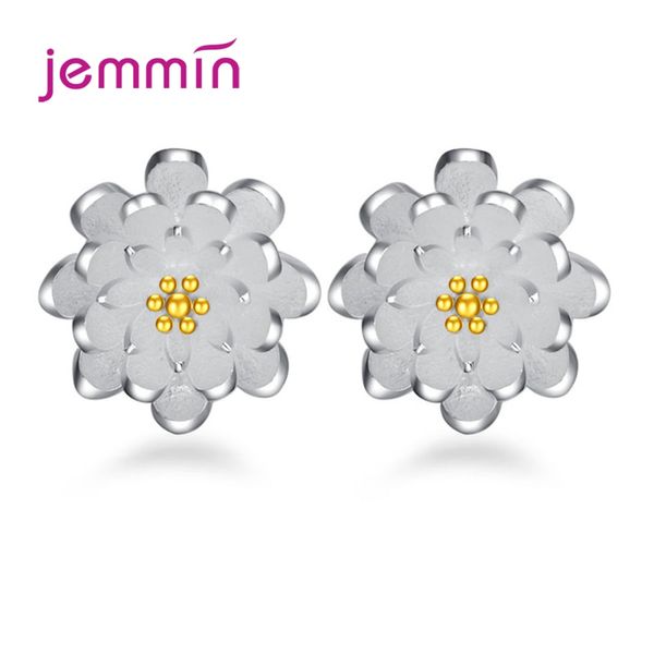 

cute little lotus flower stud earring for child girl woman 925 sterling silver general daily fashion jewelry cost sale, Golden;silver