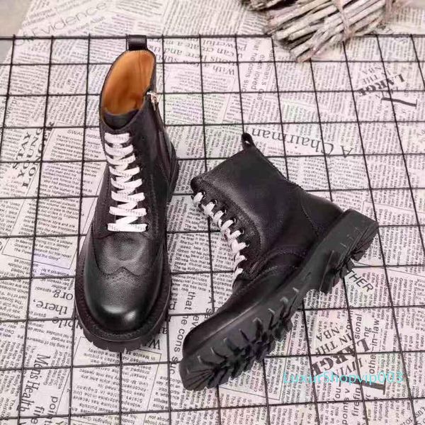 

fashionville ~ 2019090101 40 black genuine leather military flat short boots fashion stylish biker white lace up005