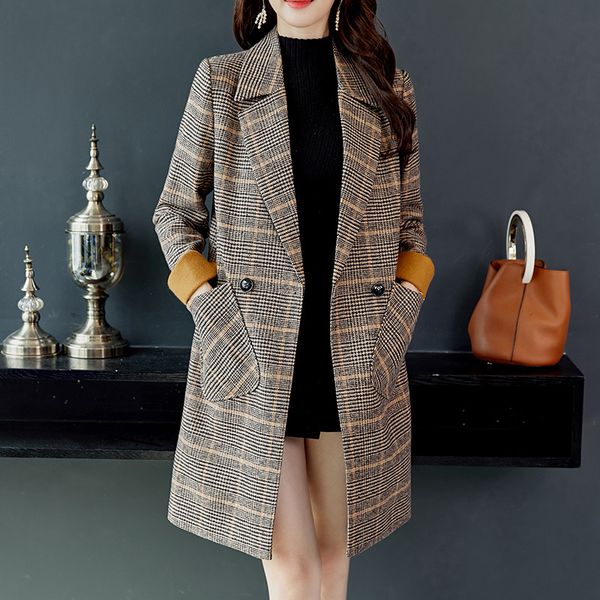 

2019 autumn winter wool women plaid pockets blends office lady double breasted long coats casual lady slim long sleeve jackets, Black