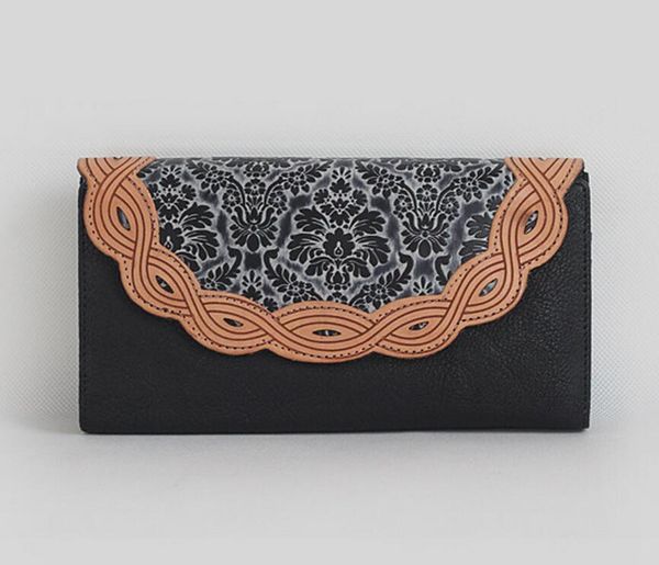 

2019 vintage women wallet famous fashion baellerry ladies long flora genuine leather purse retro card wallet carteira feminina, Red;black