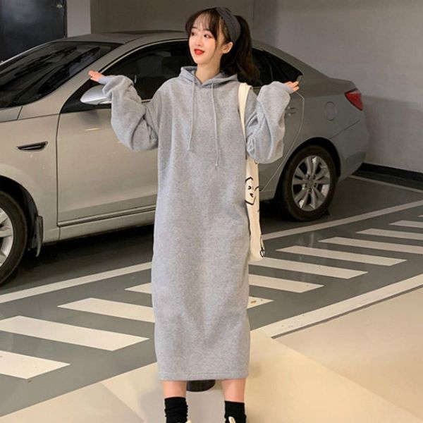 

новая осень женщины пуловер hoodie сплошной цвет с длинным рукавом повседневные платья свободные длинные раздел, Black;gray