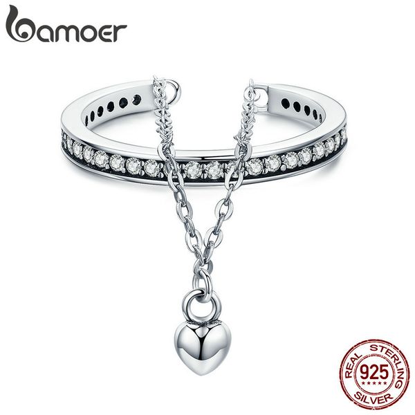 

bamoer 100% 925 sterling silver stackable clear cz heart chain double layer ring for women wedding jewelry scr291, Golden;silver