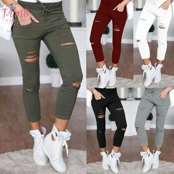 

размер плюс 4xl 2019 середина женщин способа вскользь дыр разрушенного колено тощего карандаш брюки брюки черный белый stretch ripped pants, Black;white