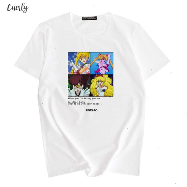 

fashion harajuku stijl meisje t shirt sailor moon cartoon print leuke interessante kawaii losse vrouwen casual v neck tee plus size, White