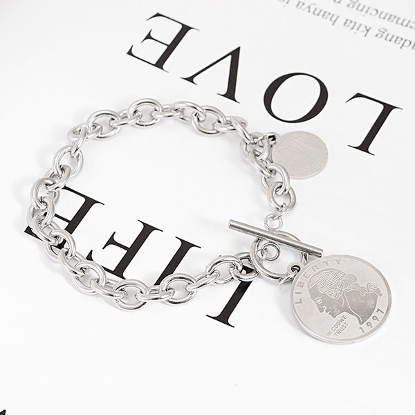 

new personality titanium steel bracelet men and women punk hip hop jewelry stainless steel jewelry coin letter pendant, Golden;silver