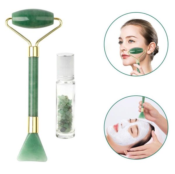 2 IN 1 Set geräuschfreie natürliche grüne Jade-Rollmaske für Gesicht und Flasche mit ätherischen Ölen