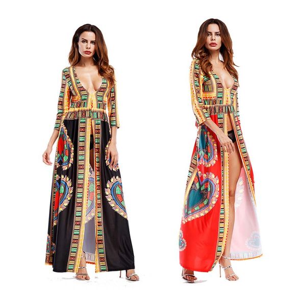 

Women Sexy Deep V Neck High Slit African Printed Ethnic Dashiki Long Maxi Dresses Clubwear Seven-Point Sleeve