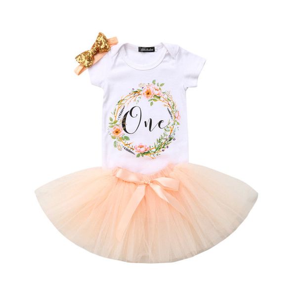

3pcs/set infant baby girl flower t-shirt romper bodysuit tulle tutu dress skirt headband outfit baby girls birthday clothes, Pink;blue
