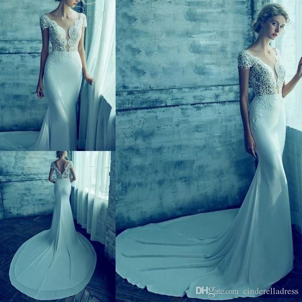 Sexy Amazing Beach Abiti da sposa a sirena Scollo a V profondo Appliques in pizzo Abiti da sposa Sweep Train Abito da sposa bohémien Realizzato su misura