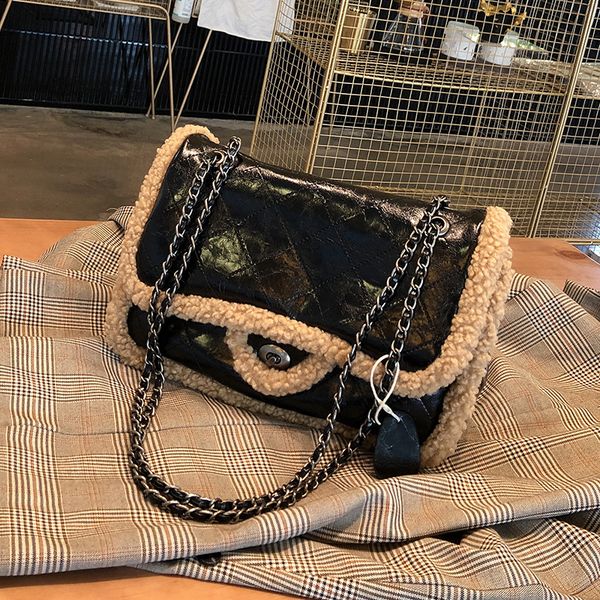 

women's bag 2019 winter new wool bag net red small fragrant wind chain lamb wool big single shoulder slant span