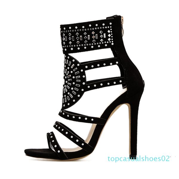 

rumbidzo women sandals 2018 sping summer peep toe high heels hollow gladiator sandalias rhinestone crystal shoes woman t02, Black