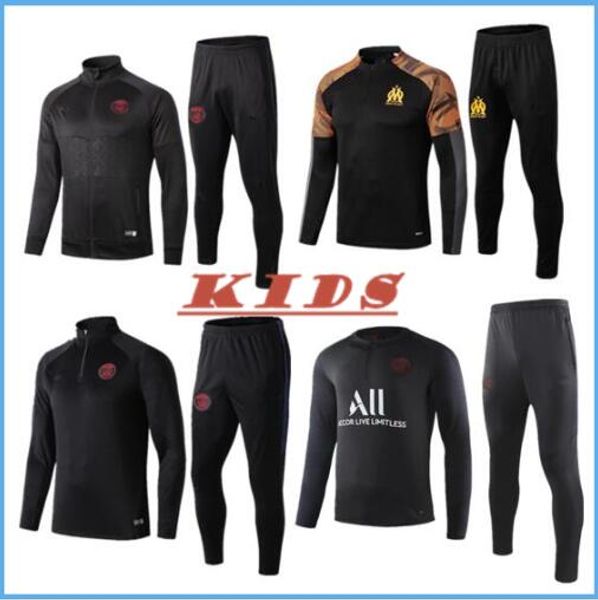 

2019 2020 olympique de marseille kids soccer training suit jacket 19 20 psg mbappe enfant maillot de foot football jogging child tracksuit, Black