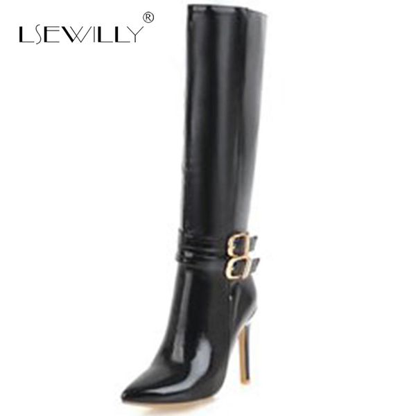 

lsewilly large size 34-48 knee high boots women pointed toe autumn winter boots zip with buckle stiletto heels shoes s970, Black