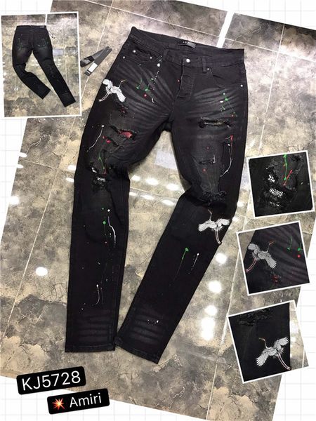 

2020 new summer leisure bike jeans fashion brand designer men's jeans distress tear men's straight fit jeans h4, Blue