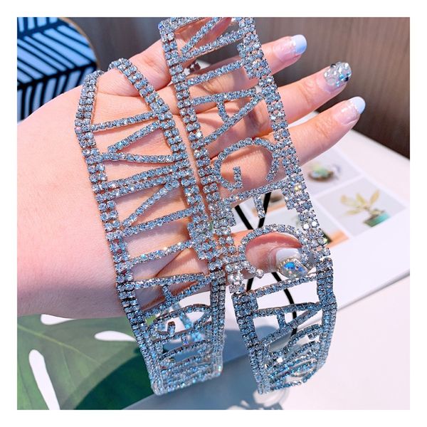 

maxi luxury designer style super shiny hand-made english letters wild elastic diamond hairband very bling hair accessories for chic lady, Silver