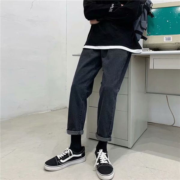 

spring and summer 2020 teenagers denim retro jeans youth solid color simple korean loose trendy men's straight wide leg pants, Blue