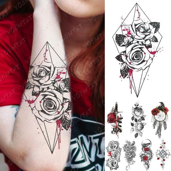 

waterproof temporary tattoo sticker splash ink rose line flash tattoos lip flower body art arm fake sleeve tatoo women men
