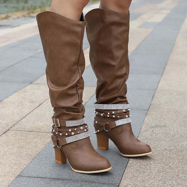 

2019 women motorcycle boots rivet stylish winter leather boot long tube buckle strap knight shoes high heel retro western botas, Black