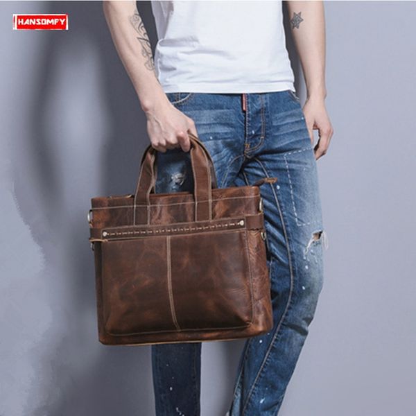 

new retro men crazy horse leather briefcases business handbag lapshoulder bag diagonal genuine leather men's computer bag