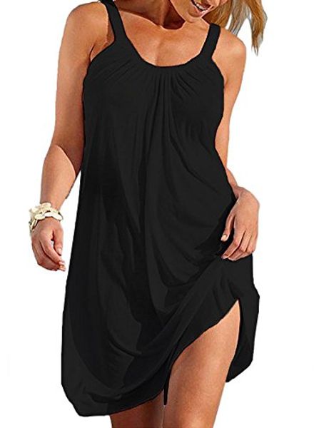 

camisunny women summer casual relaxed mini dress sleeveless pleated beach bikini swimsuit cover up, Black;gray