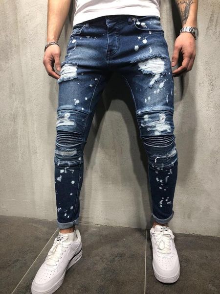 

2020 fashion design men solid color ripped biker skinny jeans frayed destroyed trousers casual denim pants, Blue