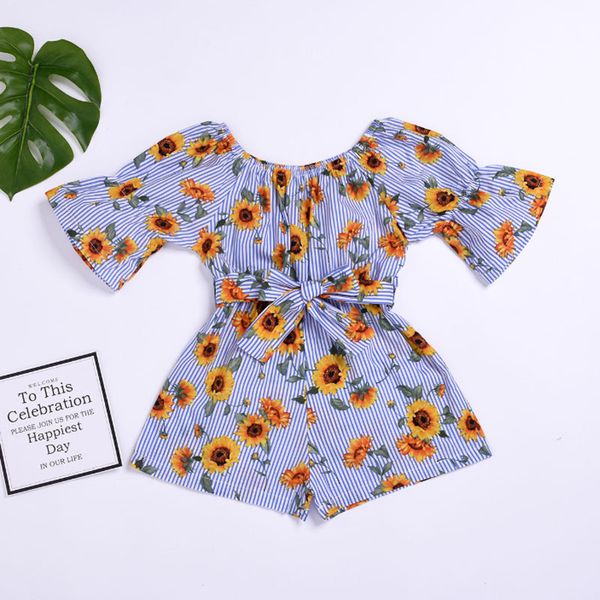 

infant baby girls sunflower romper floral jumpsuit overalls off shoulder boho beach playsuit outfit sunsuit kids girls clothing, Blue