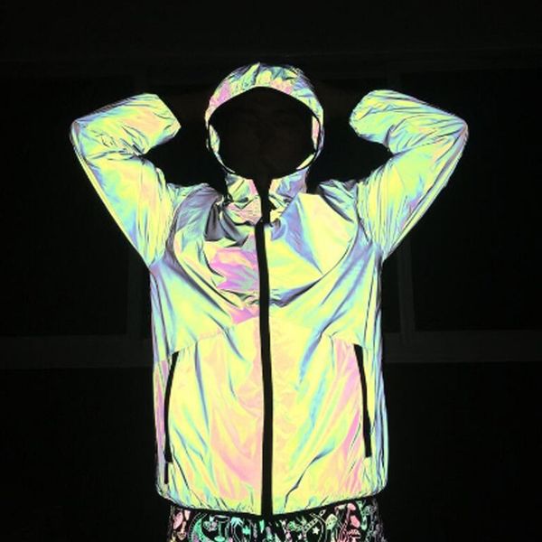 

autumn winter men night colorful reflective hooded jacket casual windbreaker man hip hop jackets and coats drop shipping, Tan;black