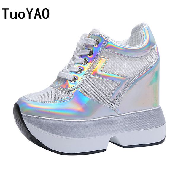 

new women's high heels 2020 summer mesh shoes woman platform height increased sneakers 8 cm thick sole wedges white silver pumps, Black