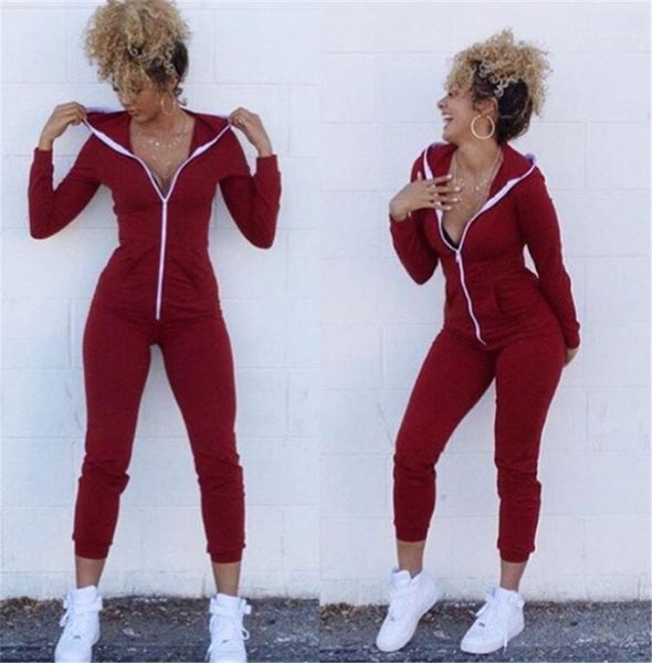 

hooded jumpsuits pure color zipper active female rompers slim ladies clothing with pockets spring womens solid, Black;white