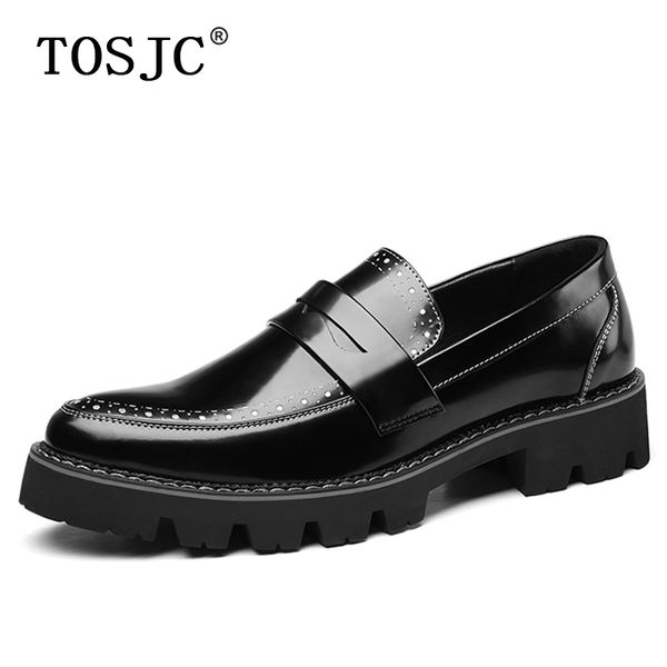 

tosjc new mens penny loafers breathable dress shoes carvd brogue oxfords for man luxury wedding office formal shoes, Black
