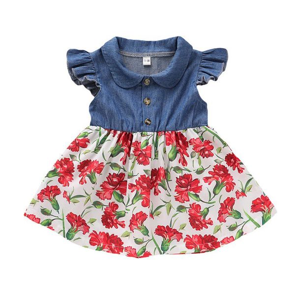 

girl's dresses baby girls patchwork denim dress summer toddler girl casual flower print flare sleeve daresses, Red;yellow
