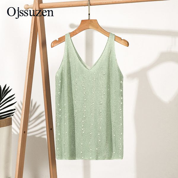 

knitting tank women's sequin diamond summer v neck female blue green skinny clothing woman's top, White