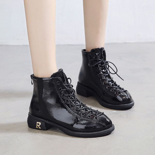 

shoes woman ladies solid fashion motorcycles short ankle boots lace up square heel round toe shoes boots zapatos de mujer 30, Black