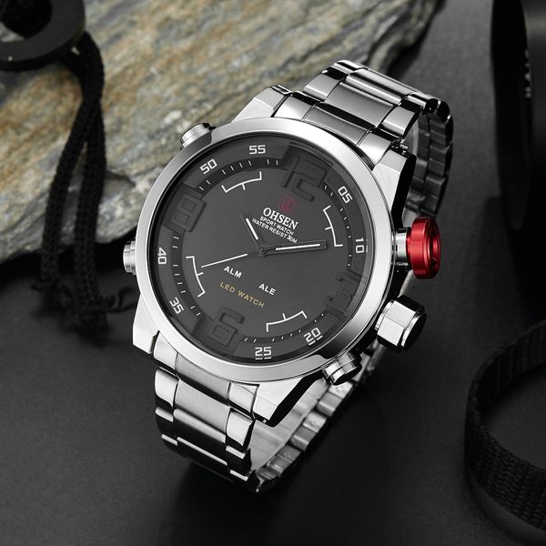 

ohsen digital quartz men business wristwatches alloy case waterproof black man watch fashion multi function sport clock, Slivery;brown