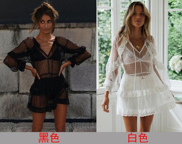 

women's clothing v-neck lotus leaf lace sleeve hollow cake skirt new dress white black perspective transparent lace