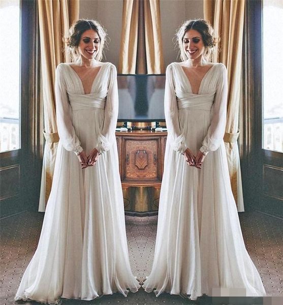 

modest boho beach wedding dresses 2019 long sleeves v neck plus size chiffon summer maternity country greek style bridal gowns, White