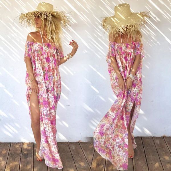 

женское дизайнерское платье шифон печатный топ богемный праздник пляж сплит платье длинное, Black;gray