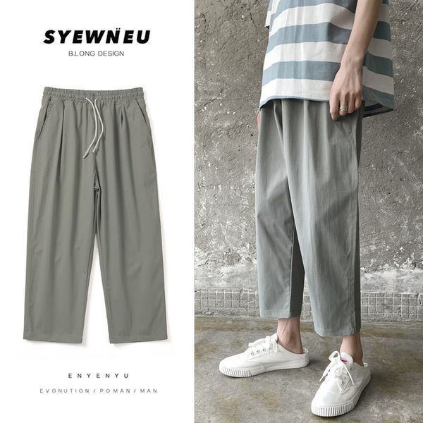 

лето drawstring повседневные брюки мужская мода сплошной цвет хлопок прямые брюки мужчины уличная дикий свободные бегуны брюки s-2xl, Black
