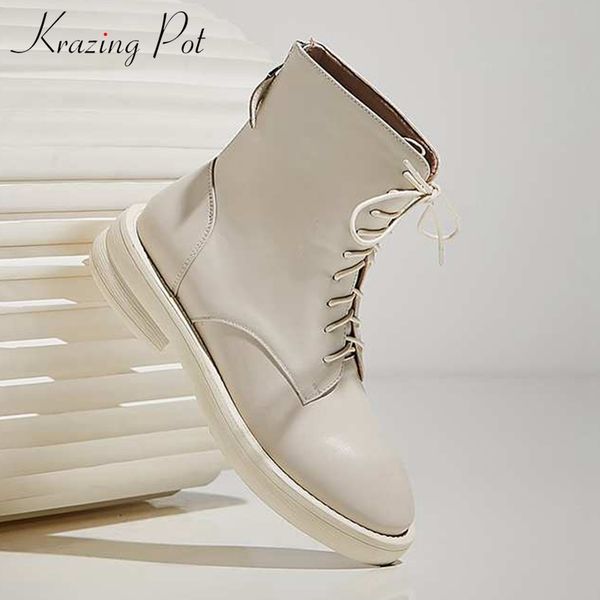 

krazing pot genuine leather european design med heels career punk style winter round toe fashion runway lace up ankle boots l9f1, Black