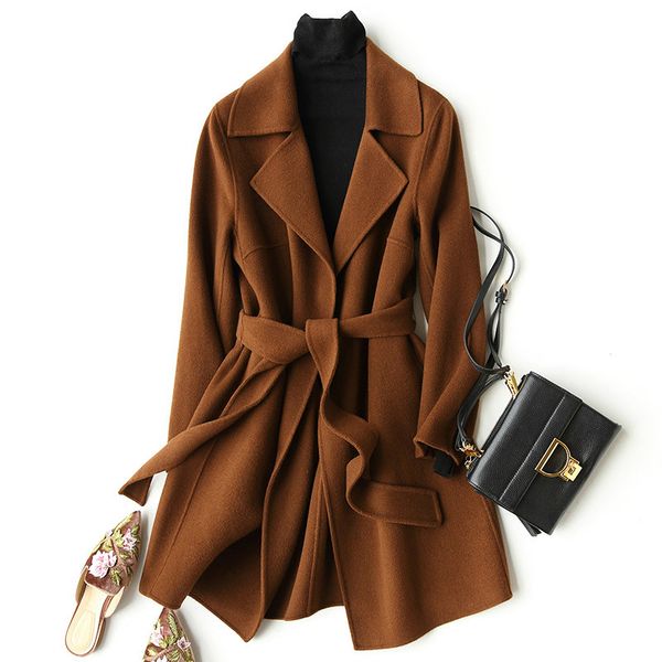 

2019 wool coat women long jacket woolen korean coat spring autumn womens coats brown abrigos mujer elegante kqn37033-1 kj2328, Black
