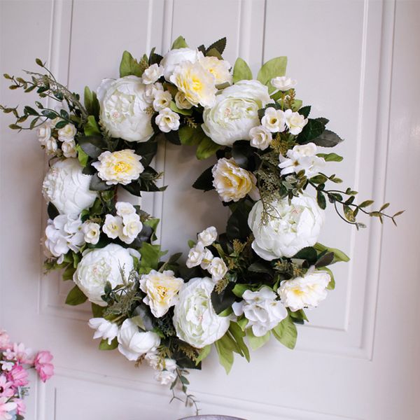 

white peony wreath christmas wreath door wall hanging ornament rattan round decoration artificial flower fake flower