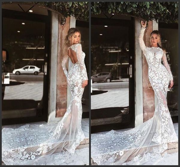 

2020 new bohemia mermaid wedding dresses long sleeve bateau neck lace bridal gowns sweep train backless plus size beach wedding dress, White