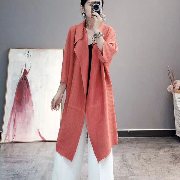 

pleated long cardigan trench women's autumn and winter new miyake solid color loose large size windbreaker europe ship, Tan;black