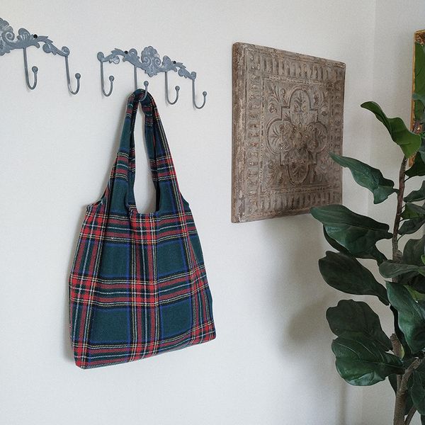 

winter warm tartan check wool eco shopping tote shoulder bag blue green moyu99