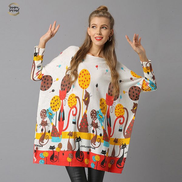 

woman sweater oversize long batwing sleeve pullovers pullover o neck knitted fashion casual regular cat print clothes loose female, White;black