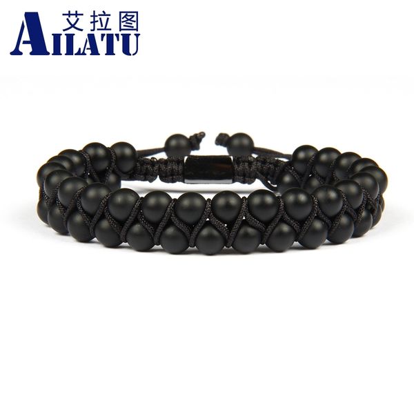 

ailatu men bracelet double beaded 6mm matte & black onyx natural stone macrame friendship bracelet nice gift quality, Golden;silver