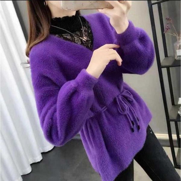 

women's sweater 2020 new autumn winter fake two pieces fashion lace bottoming shirt keep warm sweater, White;black