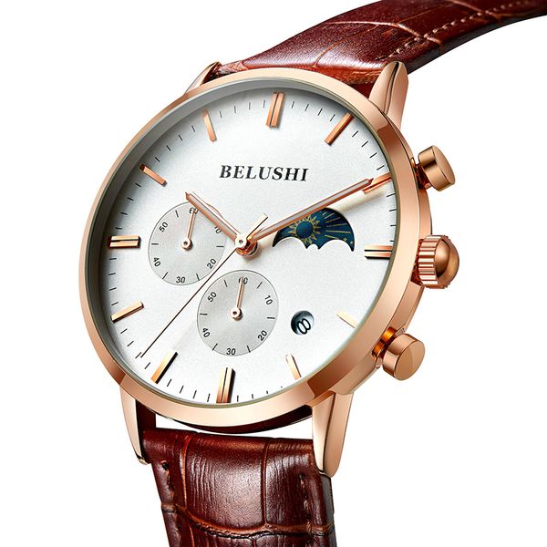 

moon phase functional men's watches brand leather sport quartz watches for male rose gold waterproof watch erkek kol saati, Slivery;brown