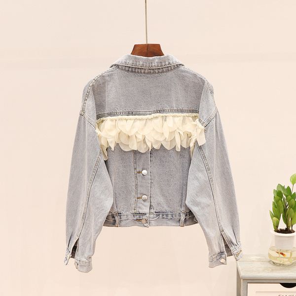 

2019 autumn new back beaded lace short paragraph denim jacket female loose jacket, Black;brown