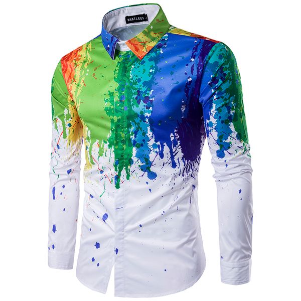 

men shirt 2018 male urban fashion shirt ink splash paint color self-cultivation leisure 6 color long sleeve shirts large size, White;black
